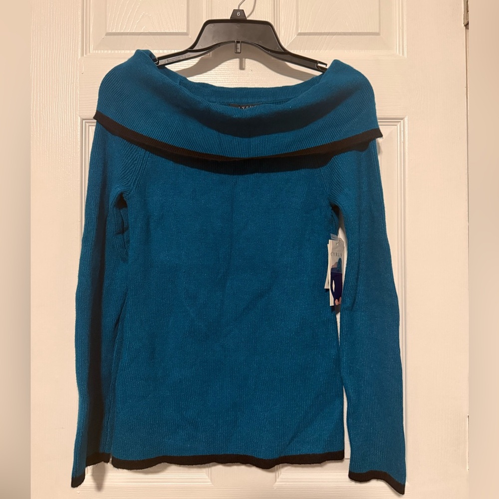 Cyrus Teal Off-Shoulder Sweater with Contrast Trim